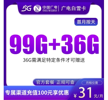 G1广电白雪卡31元99G通用+36G通用