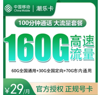 移动潮乐卡29元160G高速流量+100分钟【只发广州】