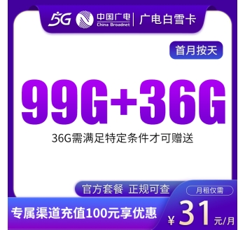 广电白雪卡31元99G通用+36G通用